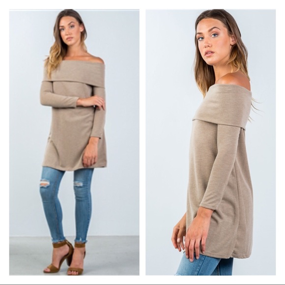 SALES TAUPE OFF SHOULDER FOLD-OVER LONG SLEEVE TOP - Picture 2 of 5